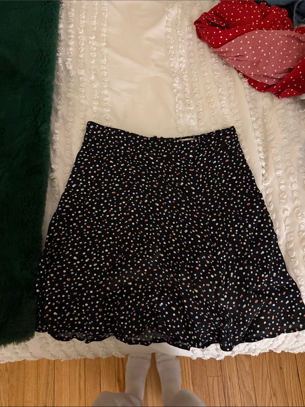 Reformation Black A-Line Skirt with Multicolor Polka Dots